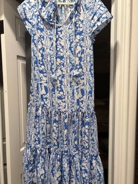 Marie Oliver Blue and White Floral Ruffle Neck Dress